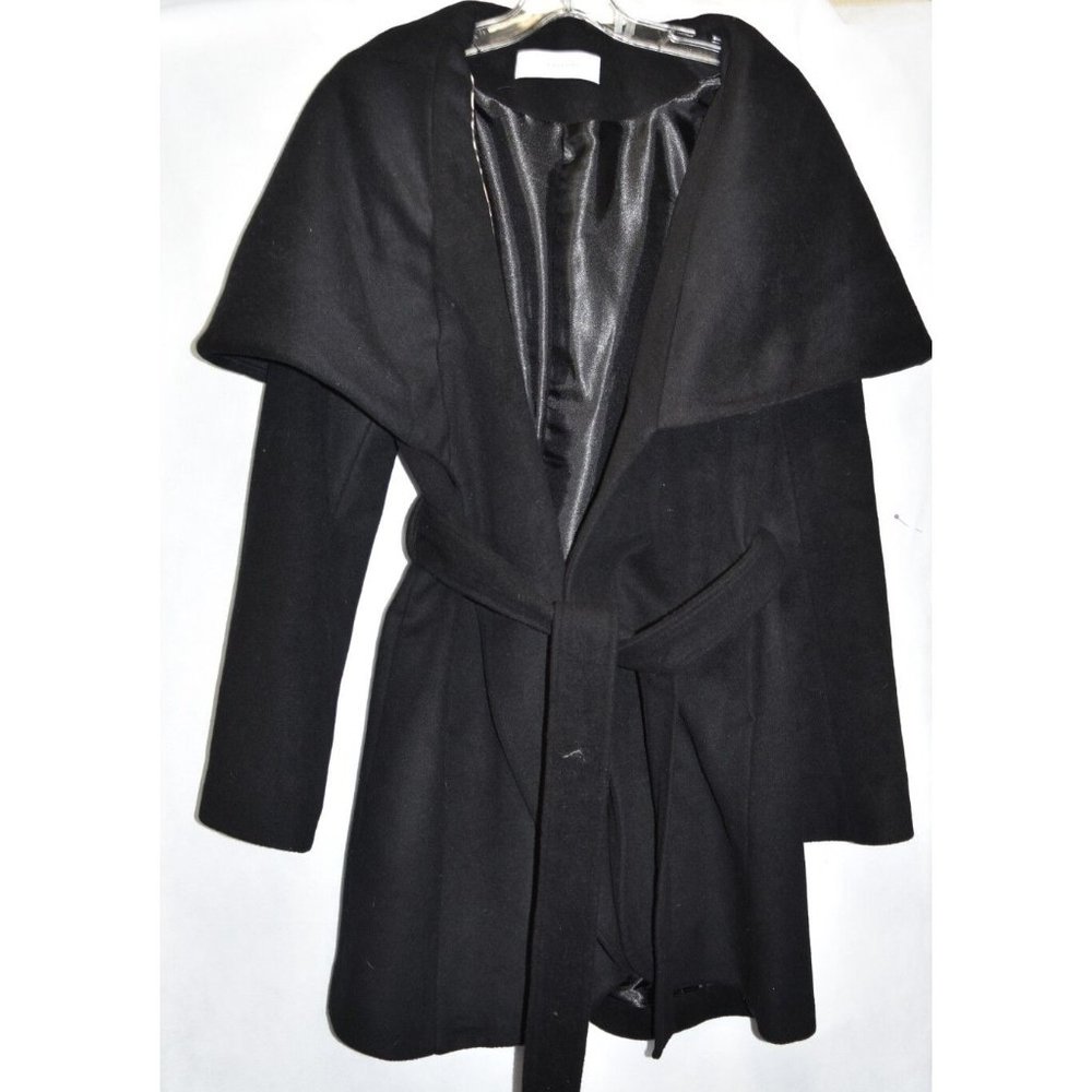 $370 Tahari Wool Blend Belted Wrap Coat shawl collar Black Jacket Winter S/M/L - Picture 6 of 8